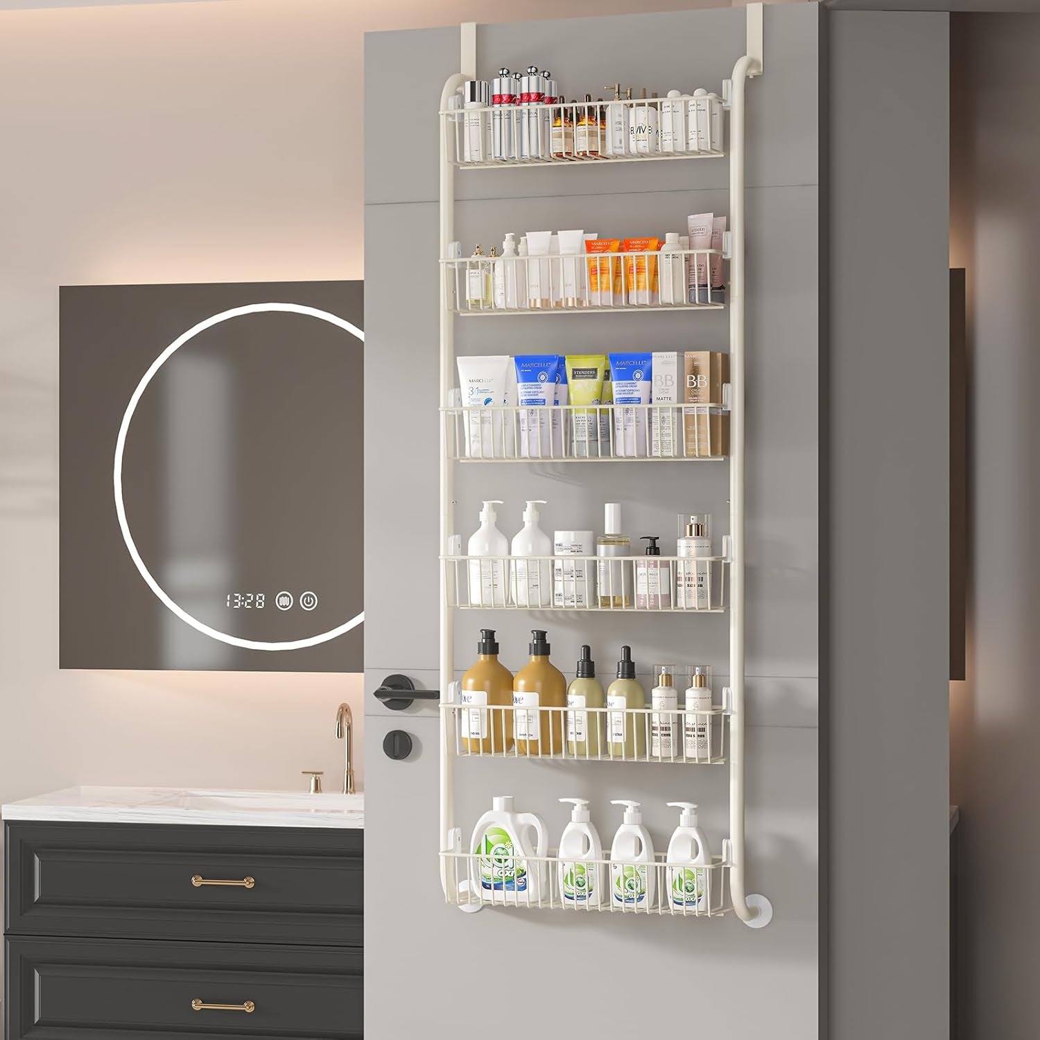 over the Door Pantry Organizers and Storage, 6-Tier Spice Rack, Home & Kitchen Storage Shelves for Cabinet, Large Capacity Hanging Seasoning Organizer, Laundry Room Organization, White