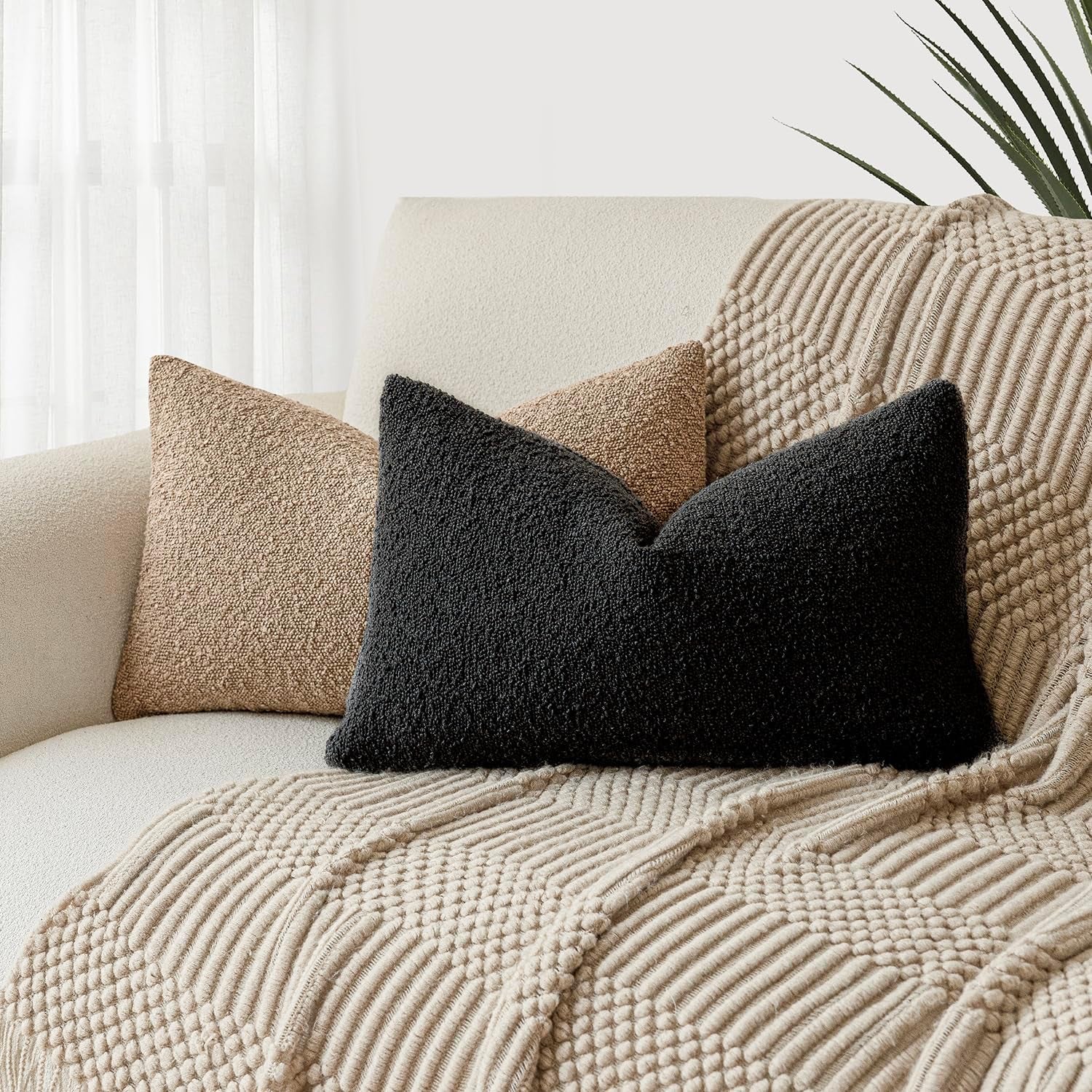 Decorative Textured Boucle Throw Pillow Covers Accent Solid Lumbar Pillow Cases Neutral Soft Cozy Couch Cushion Case for Chair Sofa Bedroom Living Room Home Decor 12 X 20 Inch,Black