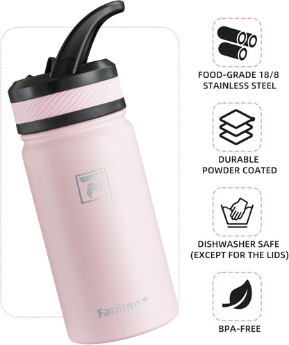 14 Oz Kids Insulated Water Bottle with Straw Lid – Stainless Steel Double Wall Vacuum, Leak-Proof, Bpa-Free Water Bottles for School Boys & Girls(Pink)