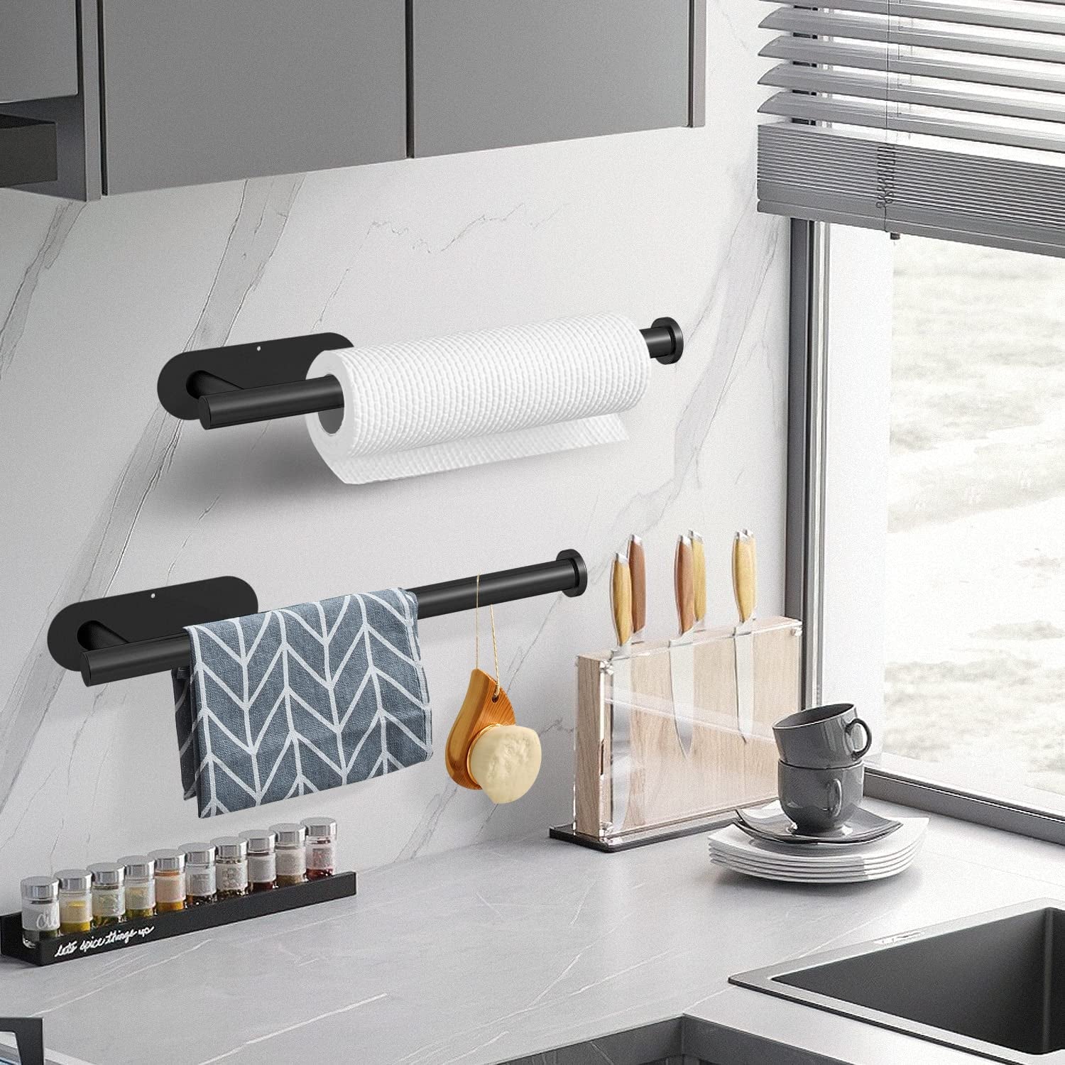 Paper Towel Holder under Cabinet Wall Mount for Kitchen Towel, Self-Adhesive Bar, Rack, SUS304 Stainless Steel 13 Inch (Blacka, 1)