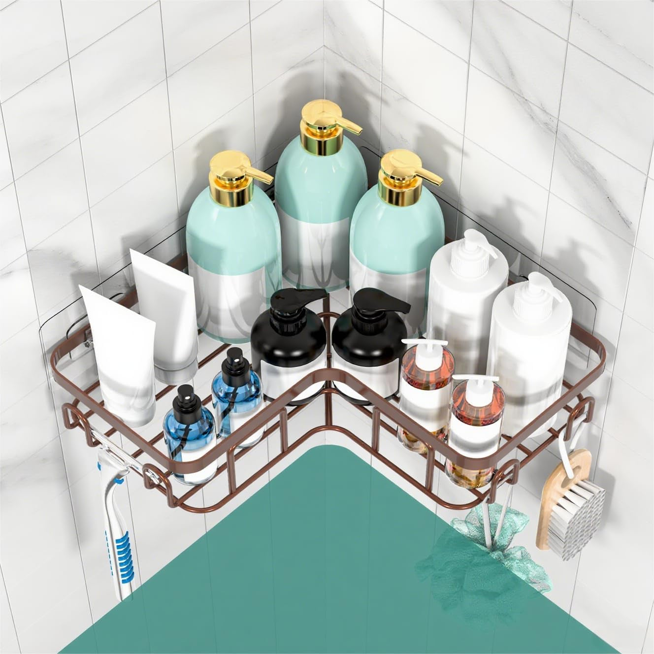 Adhesive Corner Shower Caddy, 3 Pack Organizer with Soap Holder and 12 Hooks, Rustproof Shower Shelves for Bathroom, Brown