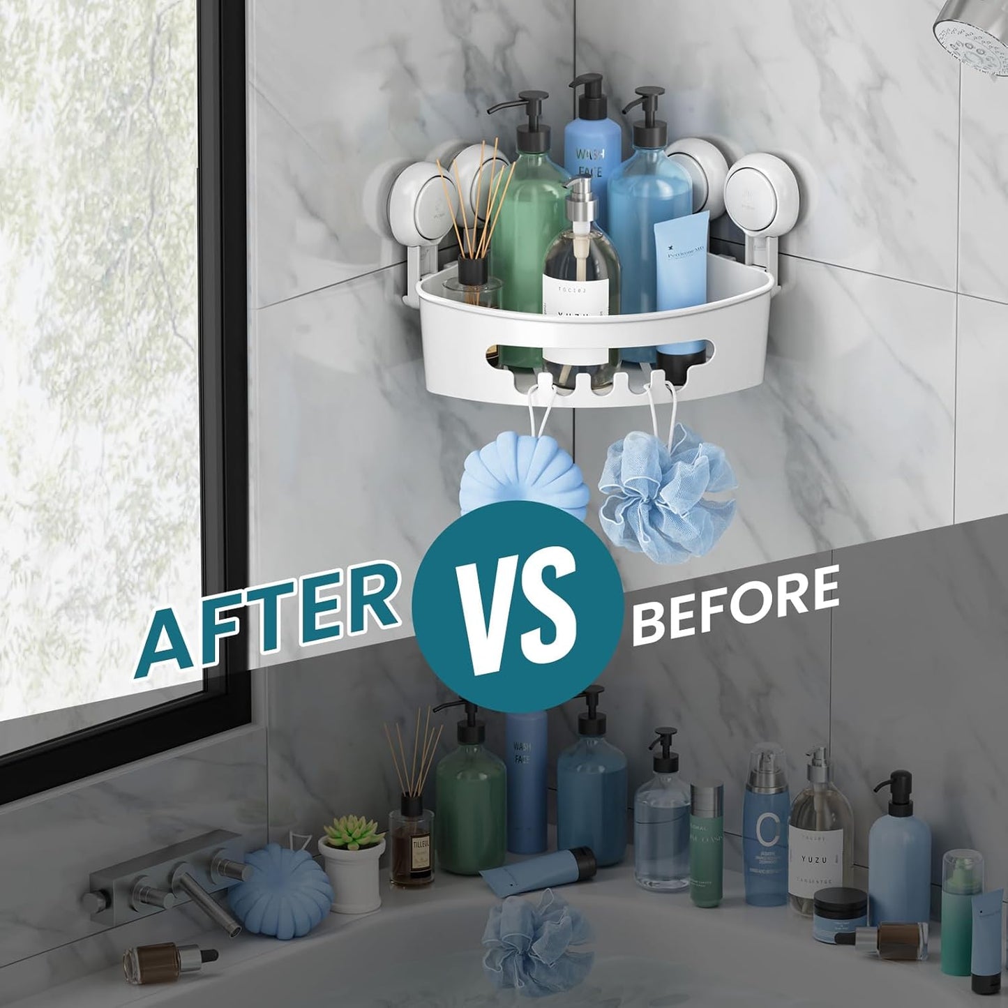 Corner Shower Caddy with Suction Cups, Wall Mounted Organizer Plastic Rack for Small Bathrooms, Kitchen, Removable Drill-Free Heavy Duty Shelf Basket, White