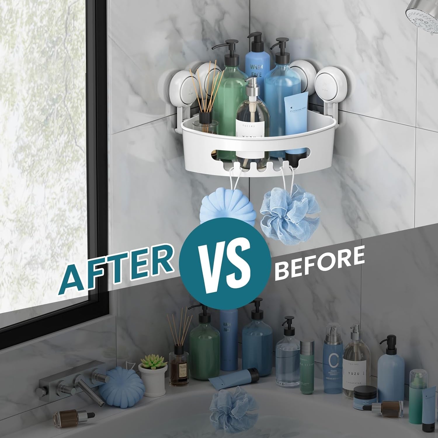 Corner Shower Caddy with Suction Cups, Wall Mounted Organizer Plastic Rack for Small Bathrooms, Kitchen, Removable Drill-Free Heavy Duty Shelf Basket, White