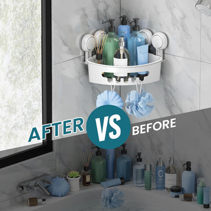 Corner Shower Caddy with Suction Cups, Wall Mounted Organizer Plastic Rack for Small Bathrooms, Kitchen, Removable Drill-Free Heavy Duty Shelf Basket, White