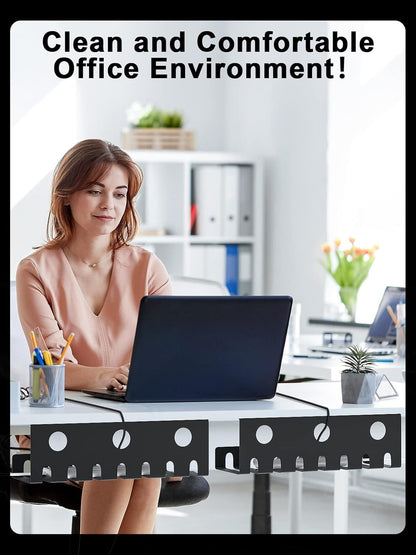 2 Pack Metal under Desk Cable Management Tray, U-Channel Cord Organizer Box, Office under Desk Cord Organizers, Cable Management with Various Accessories, Black, 15.75 Inches