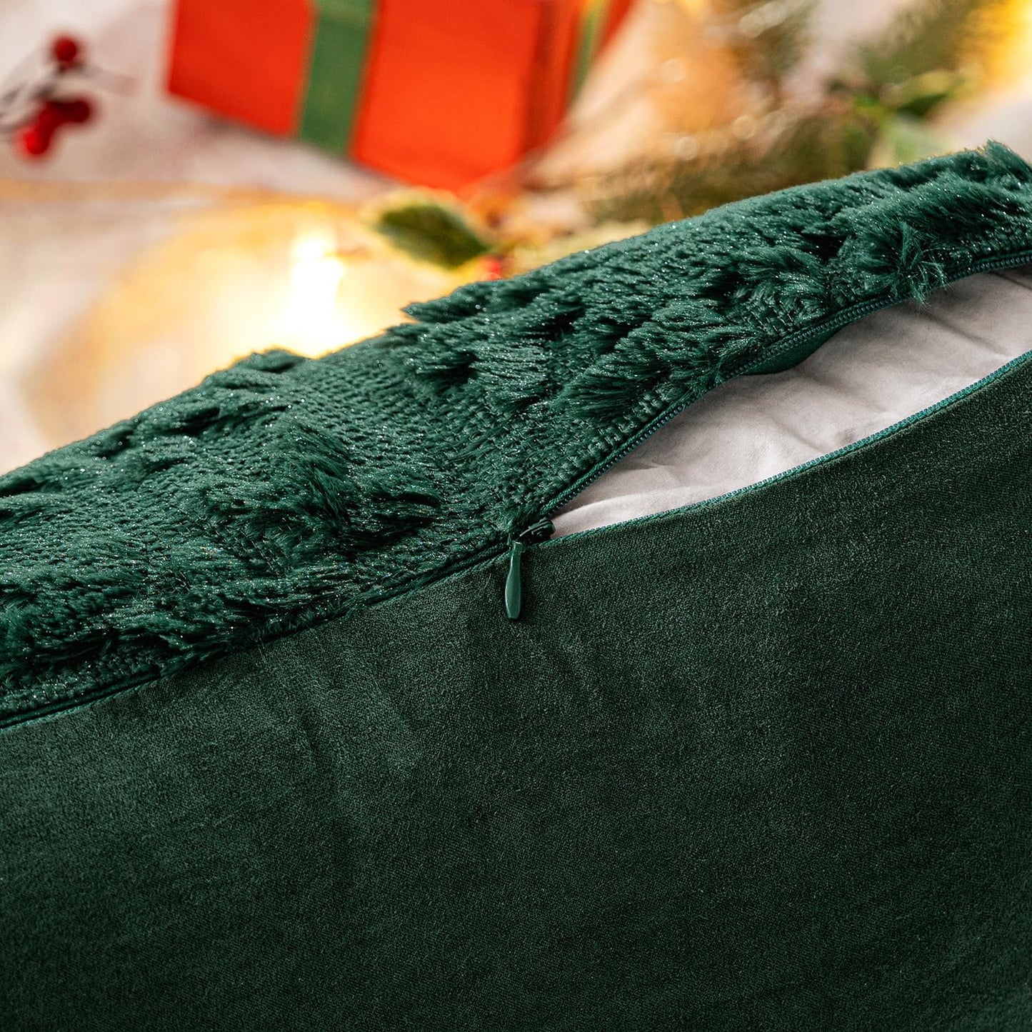 Christmas Snowflake Decorative Throw Pillow Covers Set of 2,Soft Fluffy Faux Wool Winter Holiday Couch Pillows for Farmhouse Boho Home Decor Sofa Bed Porch Living Room 18X18 Inch Green