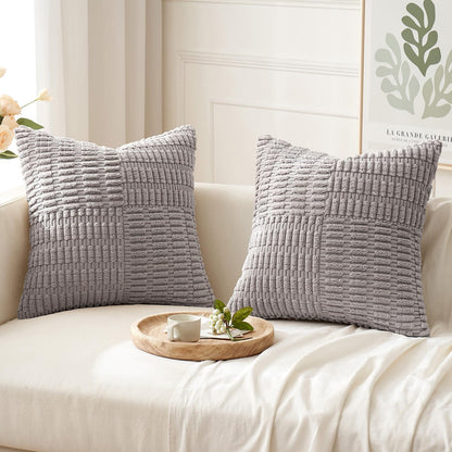Set of 2 Light Grey Decorative Pillow Covers 18X18 Inch Textured Striped Patchwork Accents Farmhouse Boho Soft Corduroy Couch Pillows for Sofa Living Room Bed Home Decor
