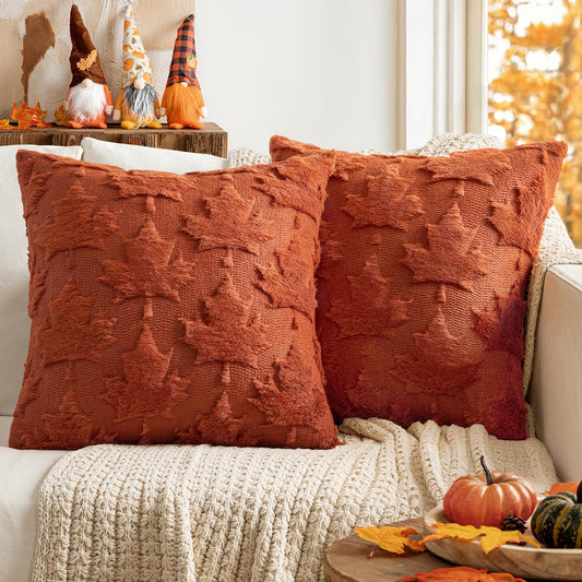 Fall Autumn Throw Pillow Covers 18X18 Burnt Orange Set of 2 Thanksgiving Decorative Solid Maple Leaf Accent Pillow Cases Soft Plush Faux Wool for Home Decor Holiday Outdoor Porch Bedroom