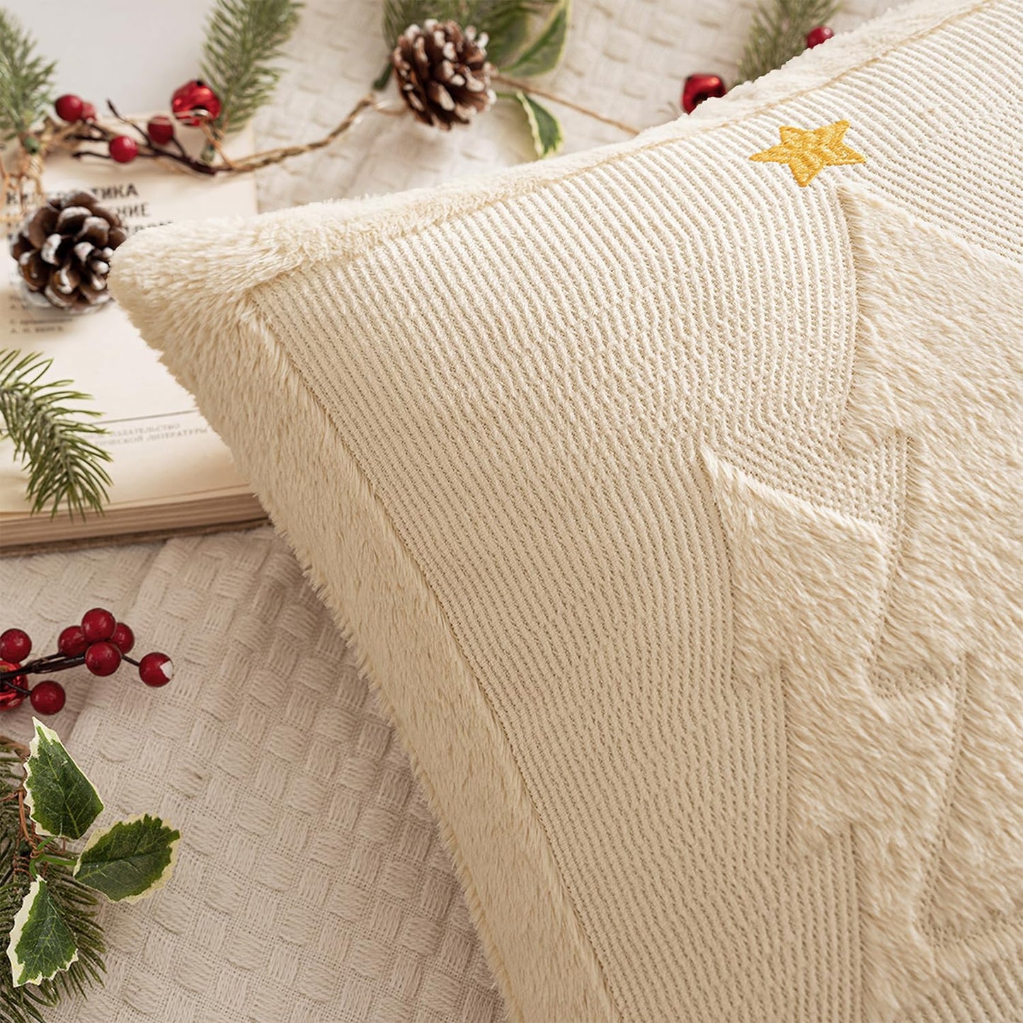 Christmas Trees Pillow Covers Set of 2 Decorative Soft Throw Pillows Plush Faux Fur Wool Embroidered Couch Cushion for Holiday Winter Home Decor Chair Sofa Bedroom Living Room,Beige 18X18Inch