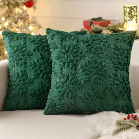 Christmas Dark Green Throw Pillow Covers Snowflakes Decorative 18×18 Inch Faux Wool Winter Festival Couch Pillow Covers Set of 2 Farmhouse Holiday Home Decors for Sofa Livingroom Bed