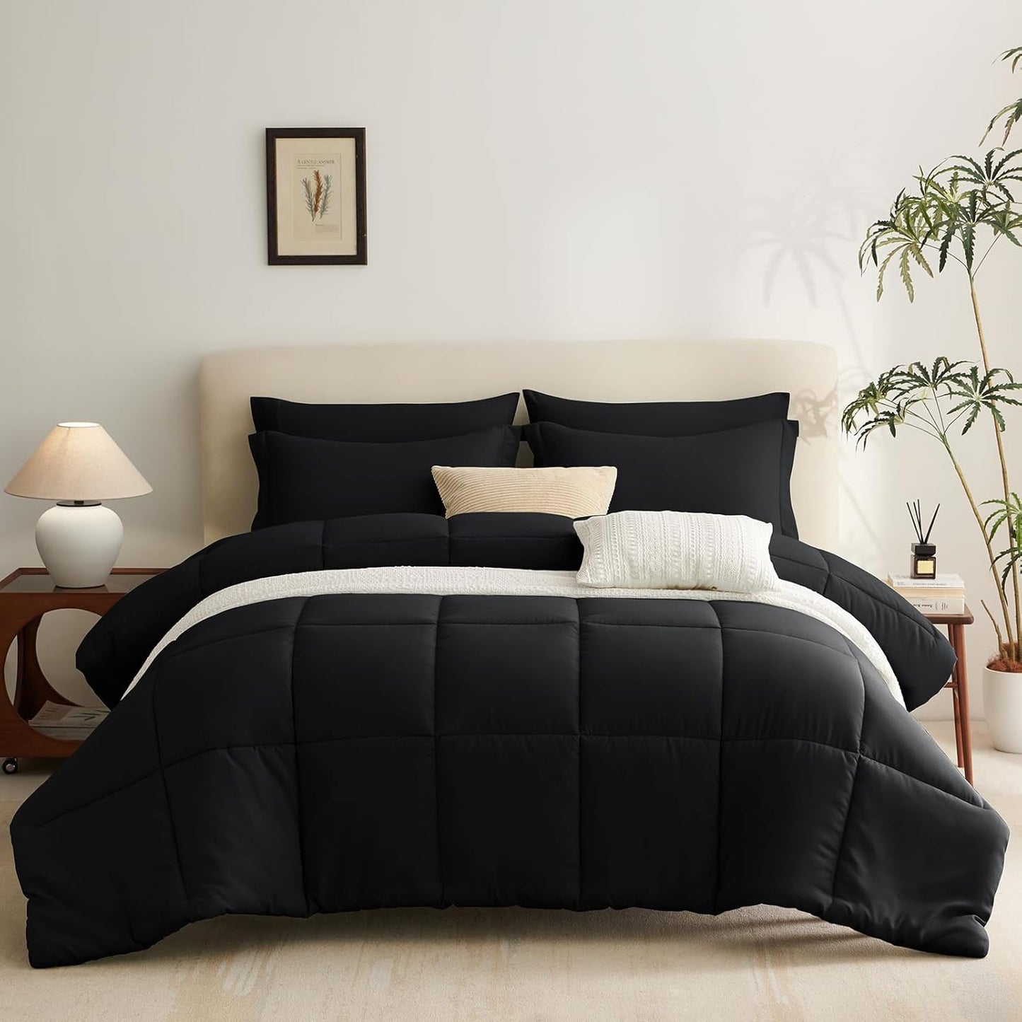 Black Queen Comforter Set with Sheets - 7 Pieces Bed in a Bag Queen Bedding Sets, All Season Soft 7PC Bed Set with Black Comforter, Flat Sheet, Fitted Sheet, Pillowcases & Pillow Shams