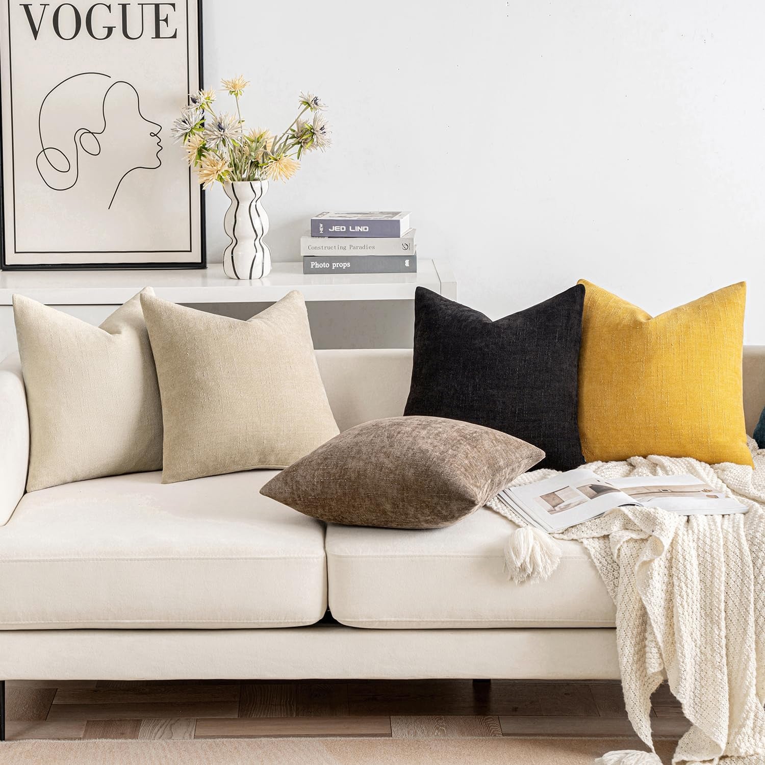 Set of 2 Chenille Decorative Throw Pillow Covers - Soft Textured Cushion Covers in Solid Black for Couch, Sofa, and Bedroom, 20x20 Inches