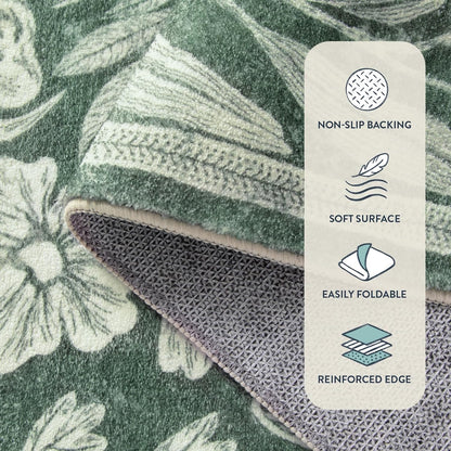Rabbit 5X7 Washable Rugs for Living Room, Animal Soft Rugs for Dining Room, Whimsical Forest Woodland Print Green Carpet for Bedroom, Nature Non Shedding Non Slip Carpets Accent Rug
