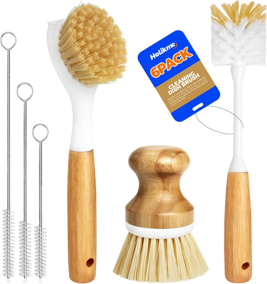 6 Pack Dish Brush Kitchen Brushes Set with Vegetable Palm Brush, Bottle Brush, Dish Brush and Straw Brush, Fruit Cleaning Brushes for Cleaning Potato Skillet Wok Pot Pan Cast Iron, Yellow