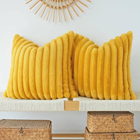 Pack of 2 Faux Fur Plush Decorative Throw Pillow Covers Couch Cushion Case Soft Pillowcases (Mustard Yellow, 20 X 20-Inch)