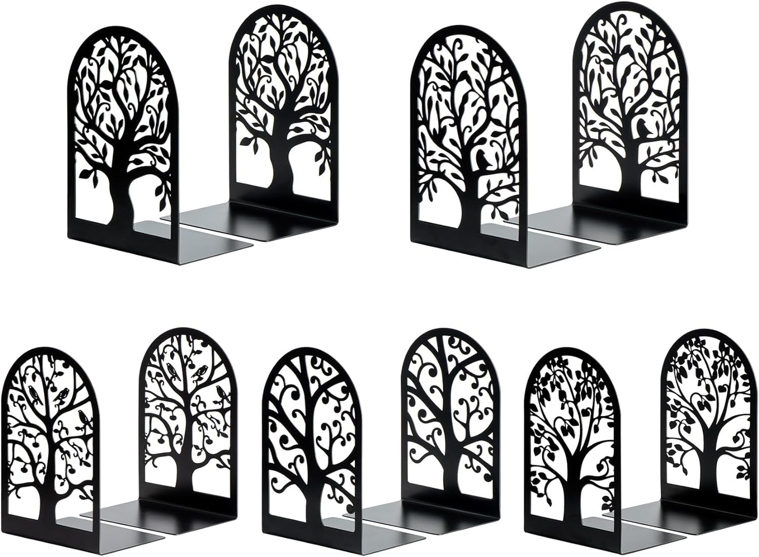 Book Ends, Metal Bookends for Shelves, Modern Tree Book Ends Decorative, Heavy Duty Book Holders Book Stoppers for Home Office Decor, 6.9"X4.7"X3.5" (5 Pairs/10 Pcs)