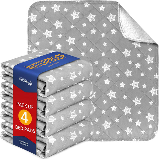 Waterproof Bed Pads Washable, Reusable Incontinence Pads for Kids, Adults, Elderly and Pets, Washable Underpads for Bed, Sofa, Floor, 22"X21" 4 Pack, Gray Star