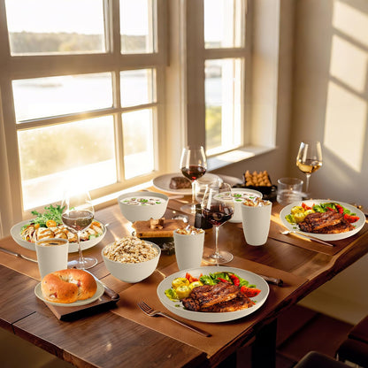 32-Piece Eco-Friendly Wheat Straw Dinnerware Set for 8 - Reusable Plates and Bowls, Suitable for Camping and Picnics, Microwave and Dishwasher Safe - Beige