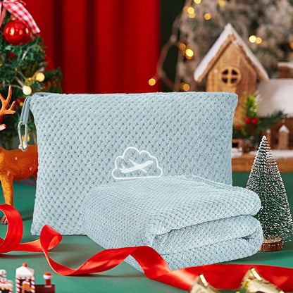 Travel Blanket with Bag, Ultra-Soft Jacquard Fleece Blanket with Luggage Sleeve & Backpack Clip, Airplane Blanket Travel Essentials, Blue