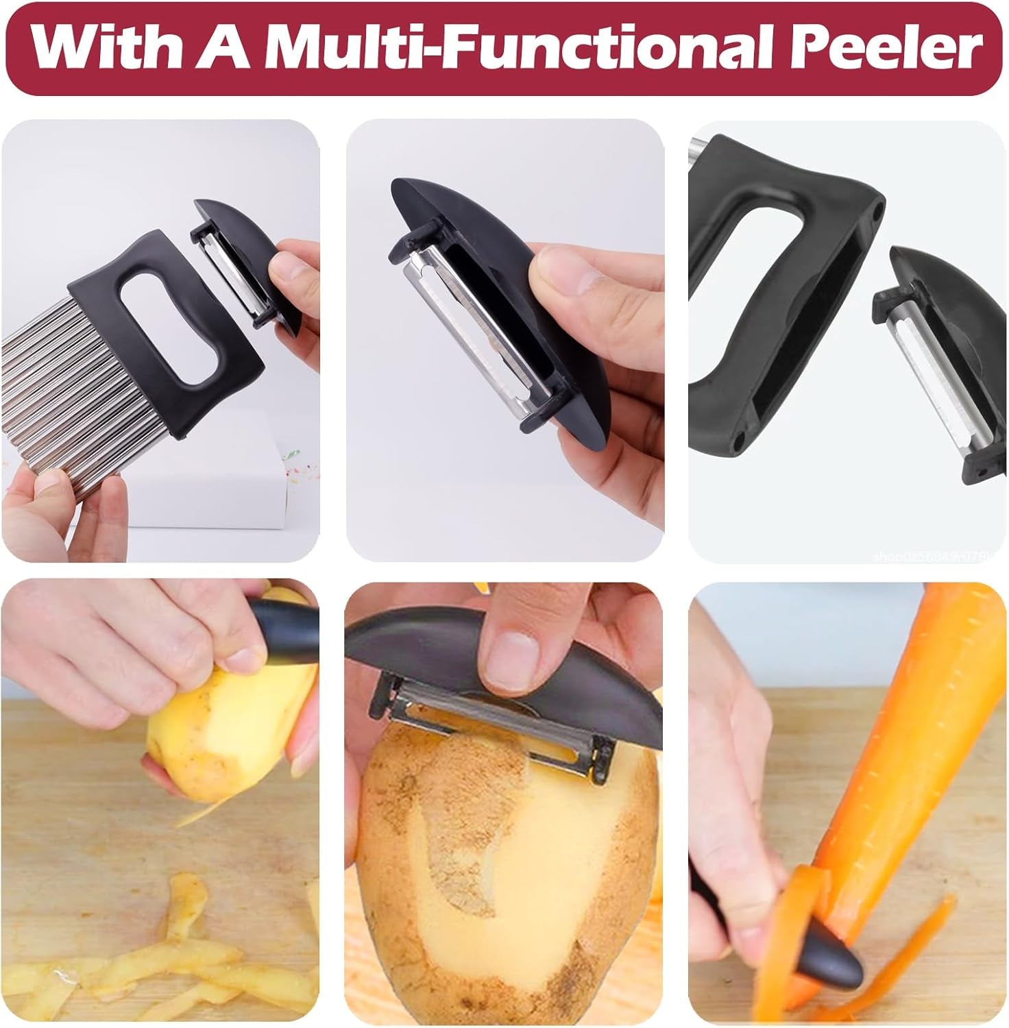 2 in 1 Crinkle Cutter with Peeler – Stainless Steel Wave Potato Cutter, Crinkle Cut French Fry Slicer for Veggies, Cucumber Slicer Wavy Chopper Vegetable Cutting, Vegetable Peeler for Kitchen