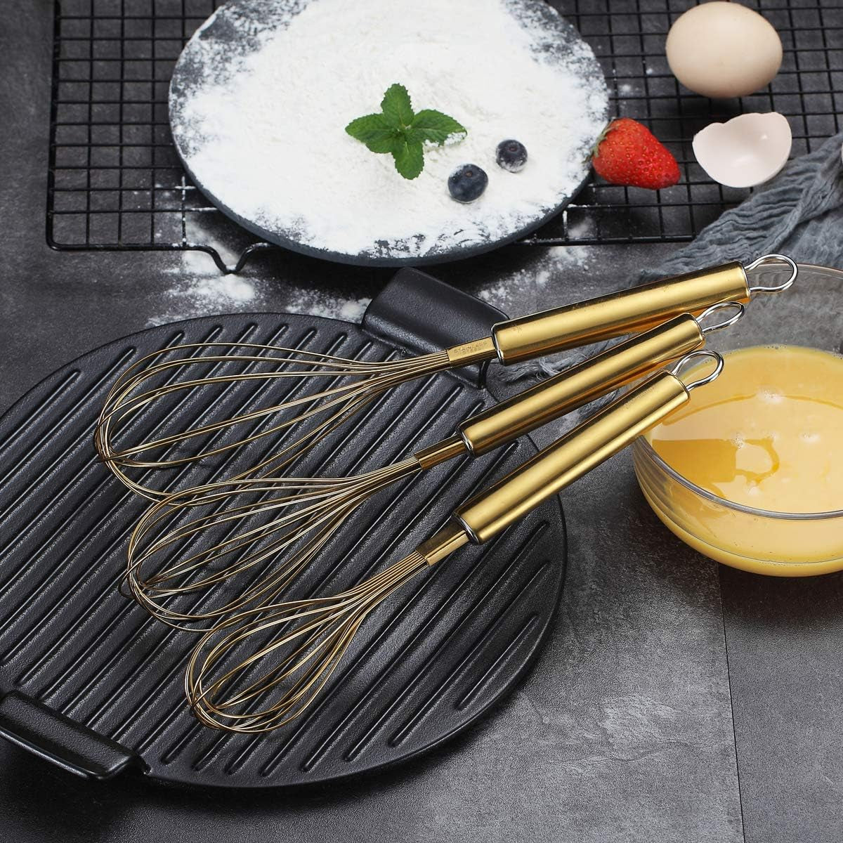 Gold Stainless Steel Whisk Set - 3-Piece (8", 10", 12") with Titanium Plating for Cooking and Baking