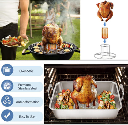 16" Roasting Pan with Rack, 7 PCS  Stainless Steel Roaster Lasagna Pan with Cooling Flat & V-Shaped Baking Rack, Grilling Chicken Holder, Meat Shredding Claws, Dishwasher & Oven Safe