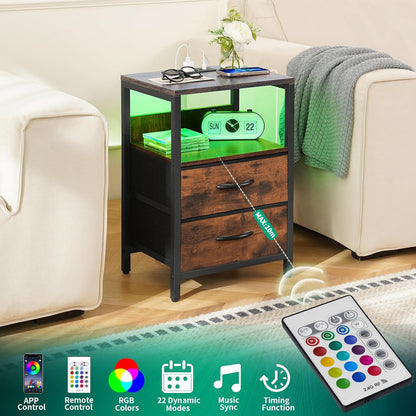 Nightstand with Charging Station, LED Night Stand with Fabric Drawers and Storage Shelf for Bedroom, Nightstands Bedside Tables with USB Ports & Outlets, Small Night Stands, Bed Side Table