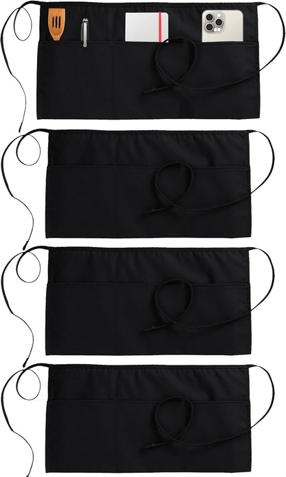 4 Pack Server Apron with 3 Pockets, Waist Apron for Waiter Waitress, 12 Inches