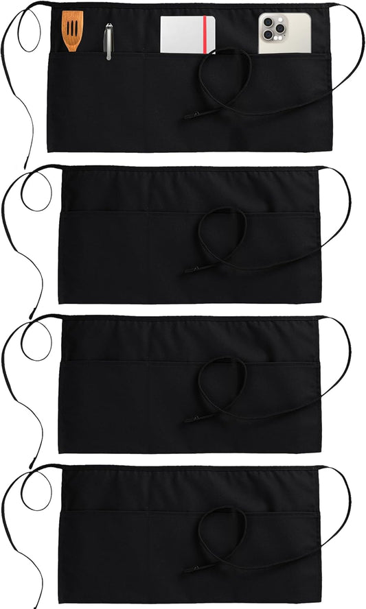4 Pack Server Apron with 3 Pockets, Waist Apron for Waiter Waitress, 12 Inches