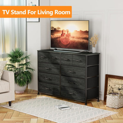 Black Oak Bedroom Dresser and TV Stand Entertainment Center with 10 Fabric Storage Drawers and Sturdy Metal Frame for Living Room and Entryway