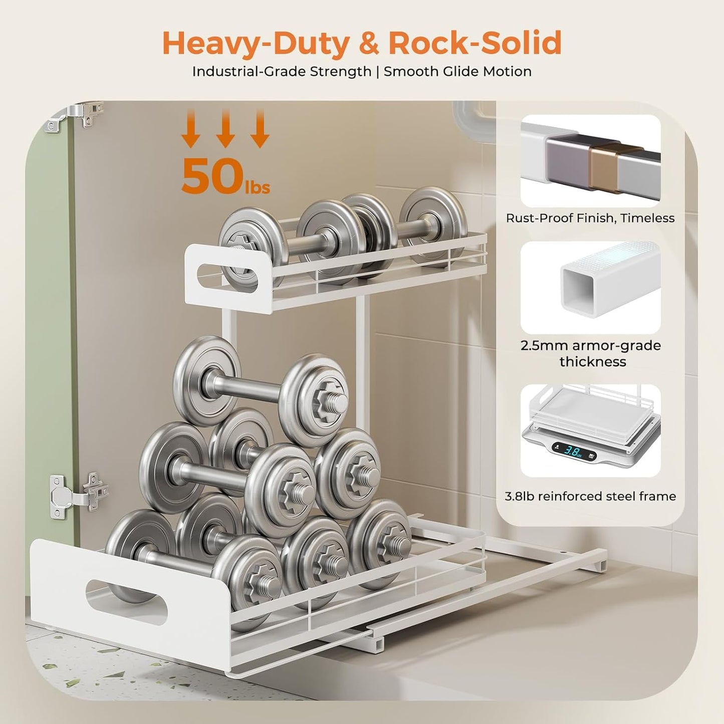 2 Pack Metal under Sink Organizers and Storage, 2 Tier Pull Out under Cabinet Organizer for Kitchen Bathroom, Adjustable under Sink Shelf for under Counter Storage Organizer, White