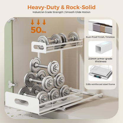 2 Pack Metal under Sink Organizers and Storage, 2 Tier Pull Out under Cabinet Organizer for Kitchen Bathroom, Adjustable under Sink Shelf for under Counter Storage Organizer, White