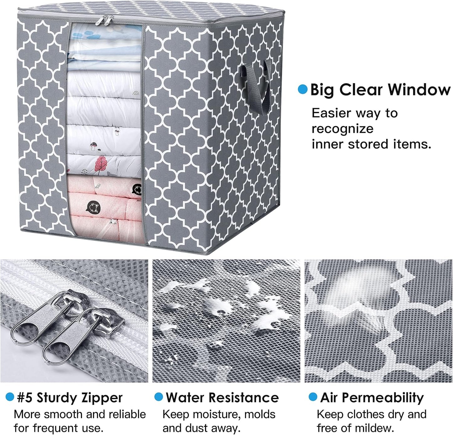 Storage Bags [3 Pack/100L] Large Blanket Clothes Organization and Storage Containers for Comforters,Bedding, Foldable Organizer with Reinforced Handle, Clear Window, Sturdy Zippers,Light Gray