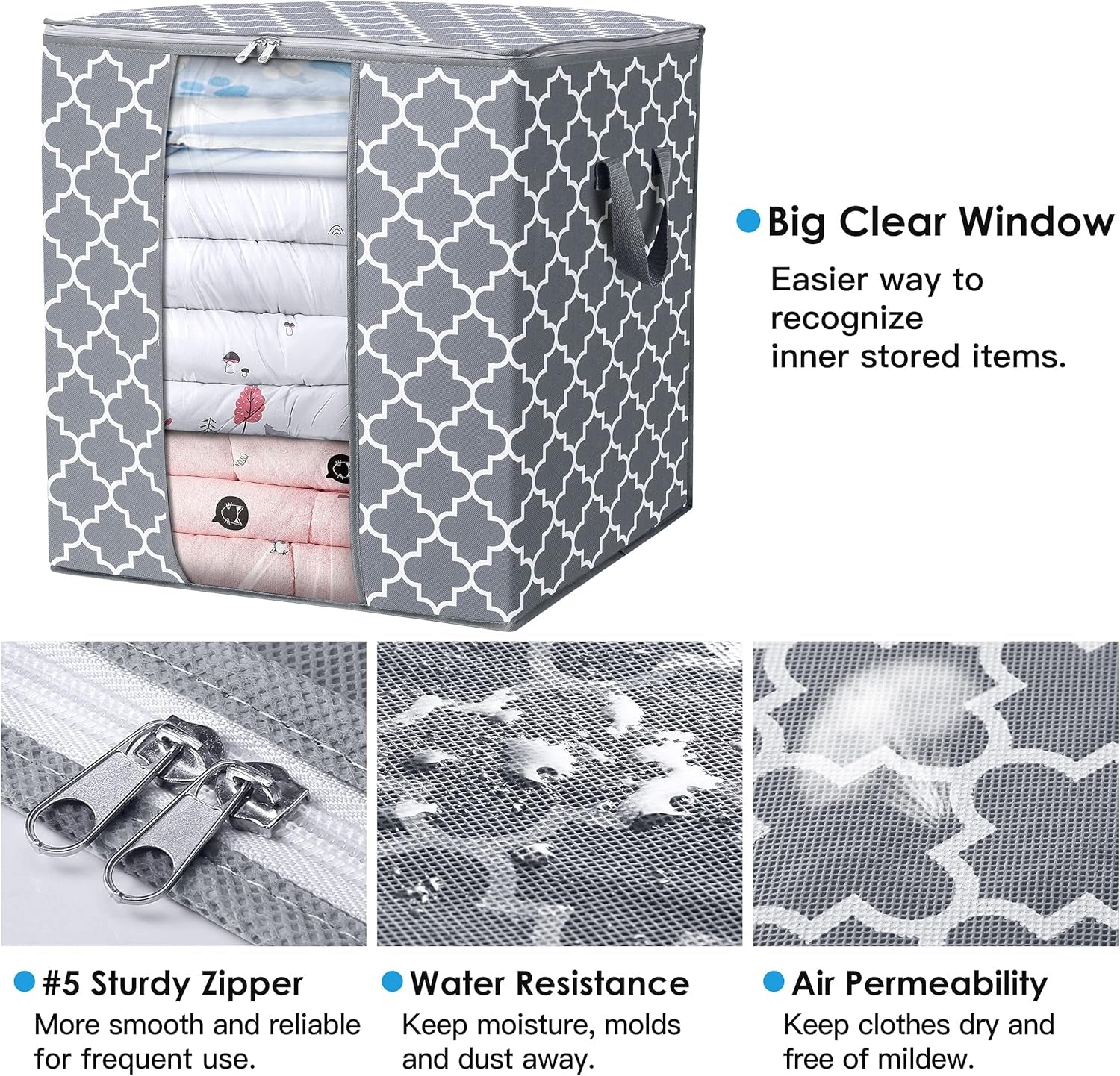 Storage Bags [3 Pack/100L] Large Blanket Clothes Organization and Storage Containers for Comforters,Bedding, Foldable Organizer with Reinforced Handle, Clear Window, Sturdy Zippers,Light Gray