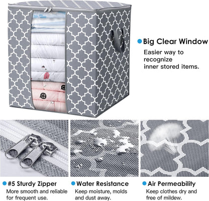Storage Bags [3 Pack/100L] Large Blanket Clothes Organization and Storage Containers for Comforters,Bedding, Foldable Organizer with Reinforced Handle, Clear Window, Sturdy Zippers,Light Gray