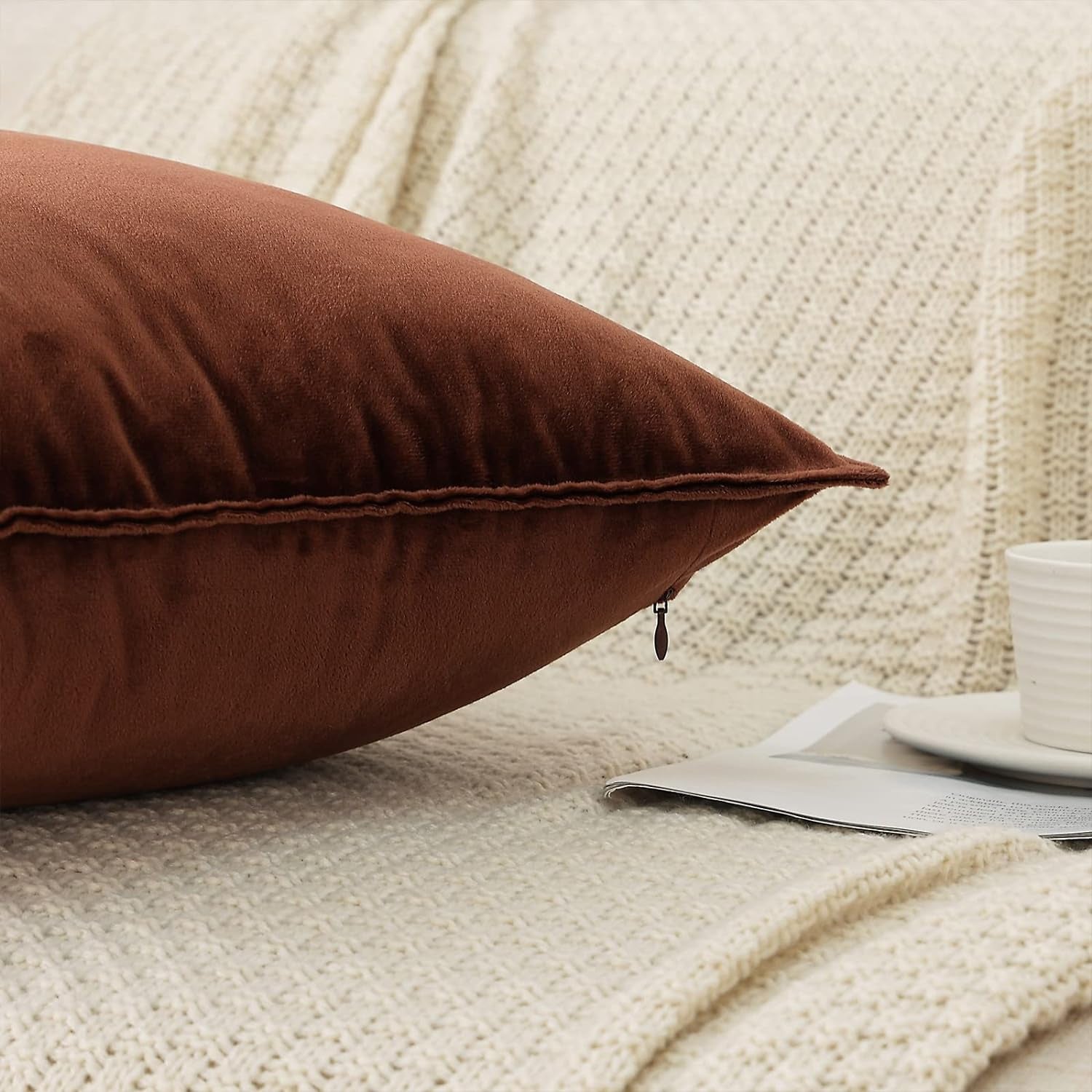 Velvet Brown Throw Pillow Covers Pack of 2 Spring Decorative Soft for Couch Sofa Bed Livingroom Office 18×18 Inches