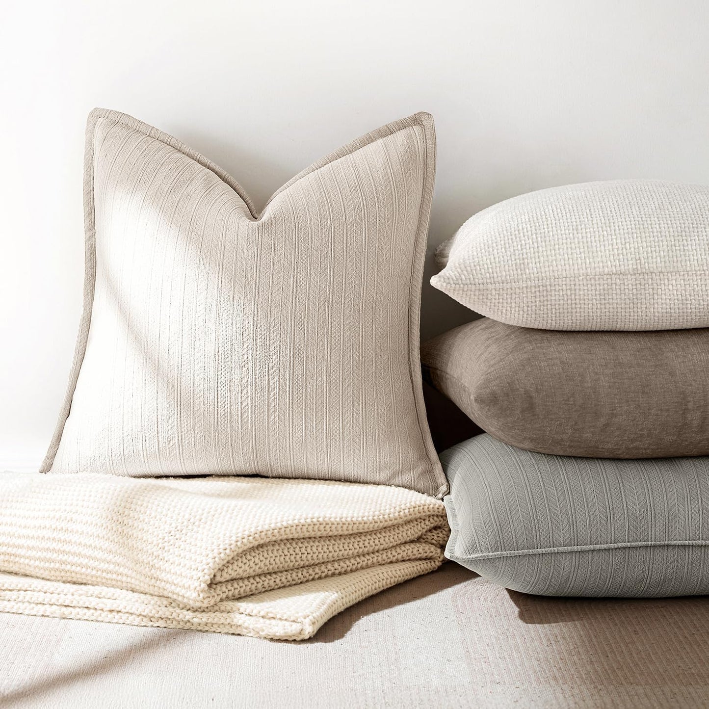 Set of 2 Chenille Decorative Couch Pillow Covers 20x20 Inches in Beige - Elegant Farmhouse Cushion Cases for Home Decor, Sofa, Bedroom, and Living Room