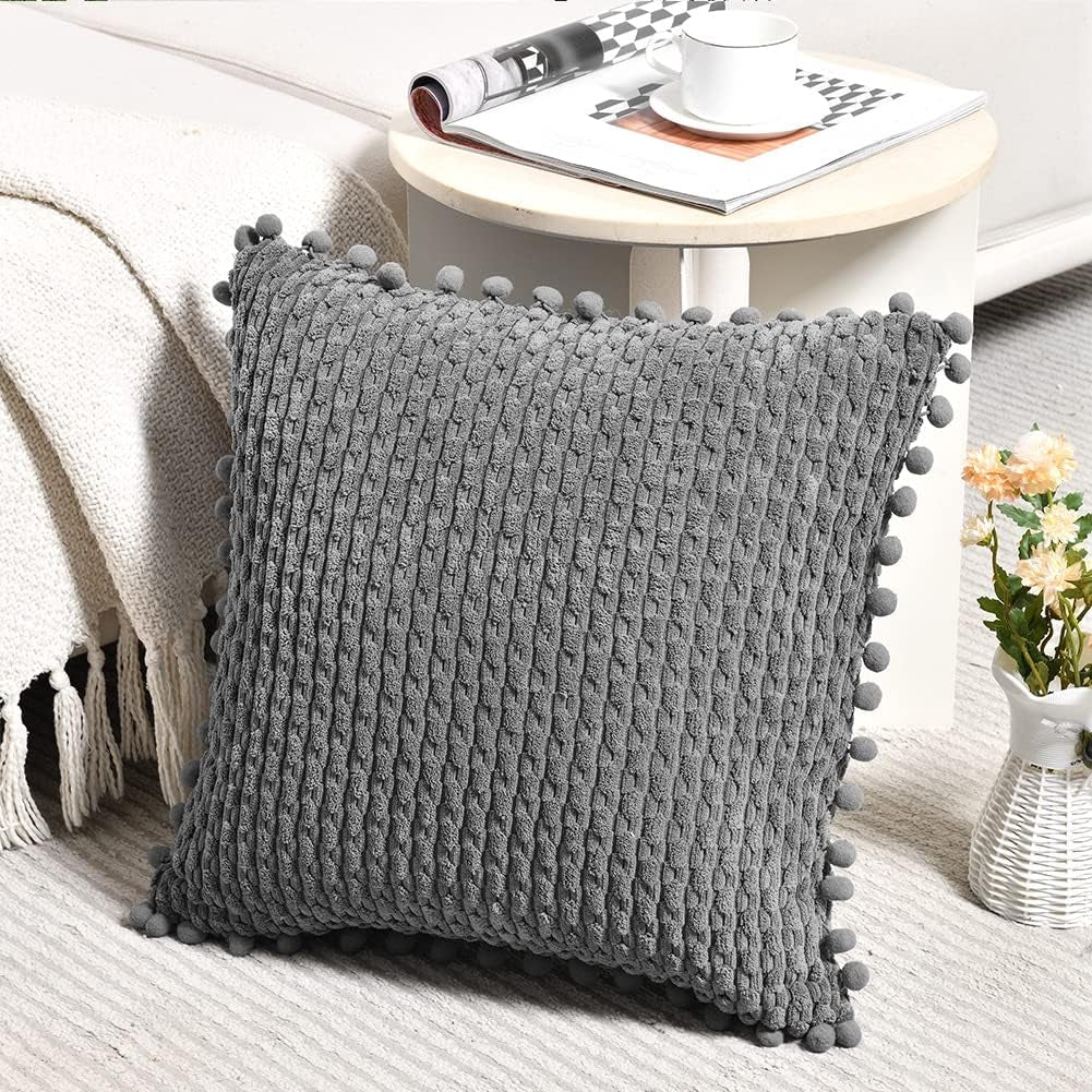 Set of 2 Dark Gray Decorative Throw Pillow Covers 18X18 Inch with Pom-Poms for Couch Bedroom Living Room, Modern Farmhouse Boho Home Decor, Soft Plush Corduroy Cute Cushion Case 45X45 Cm