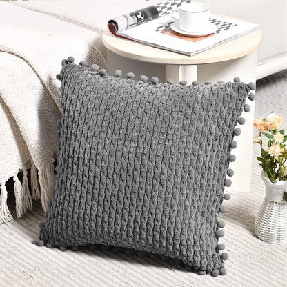 Set of 2 Dark Gray Decorative Throw Pillow Covers 18X18 Inch with Pom-Poms for Couch Bedroom Living Room, Modern Farmhouse Boho Home Decor, Soft Plush Corduroy Cute Cushion Case 45X45 Cm