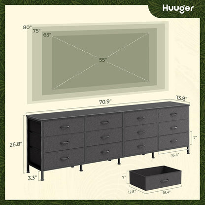 70-Inch Black Dresser and TV Stand for 65-80 Inch TVs with 12 Fabric Drawers - Wide Storage Chest for Bedroom and Living Room