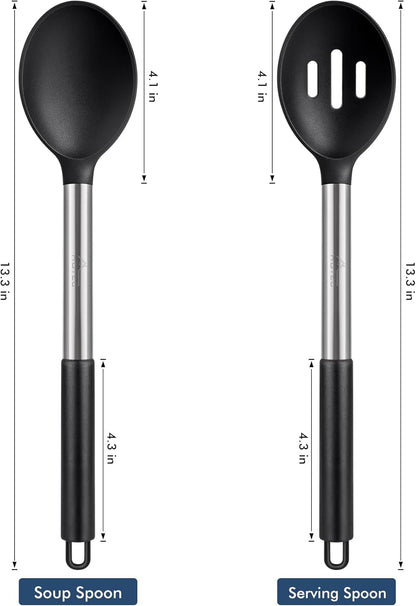 446°F Heat Resistant Large Silicone Cooking Spoon, BPA Free Solid Slotted Spoons, Nonstick Kitchen Cookware Utensils, Mixing, Serving, Stiring Large Spoons, Black