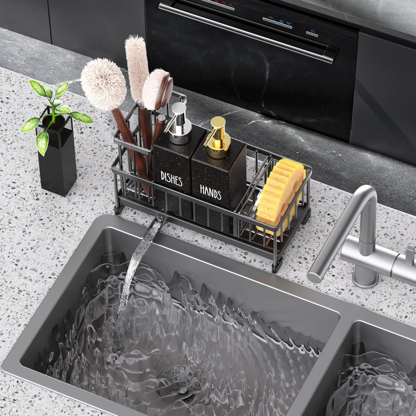 Kitchen Soap Dispenser Set with Sink Caddy, 12 Oz Glass Bottle, Hand and Dish Soap Dispenser Set with Sponge Holder (Black Sink Caddy + Black Bottle)