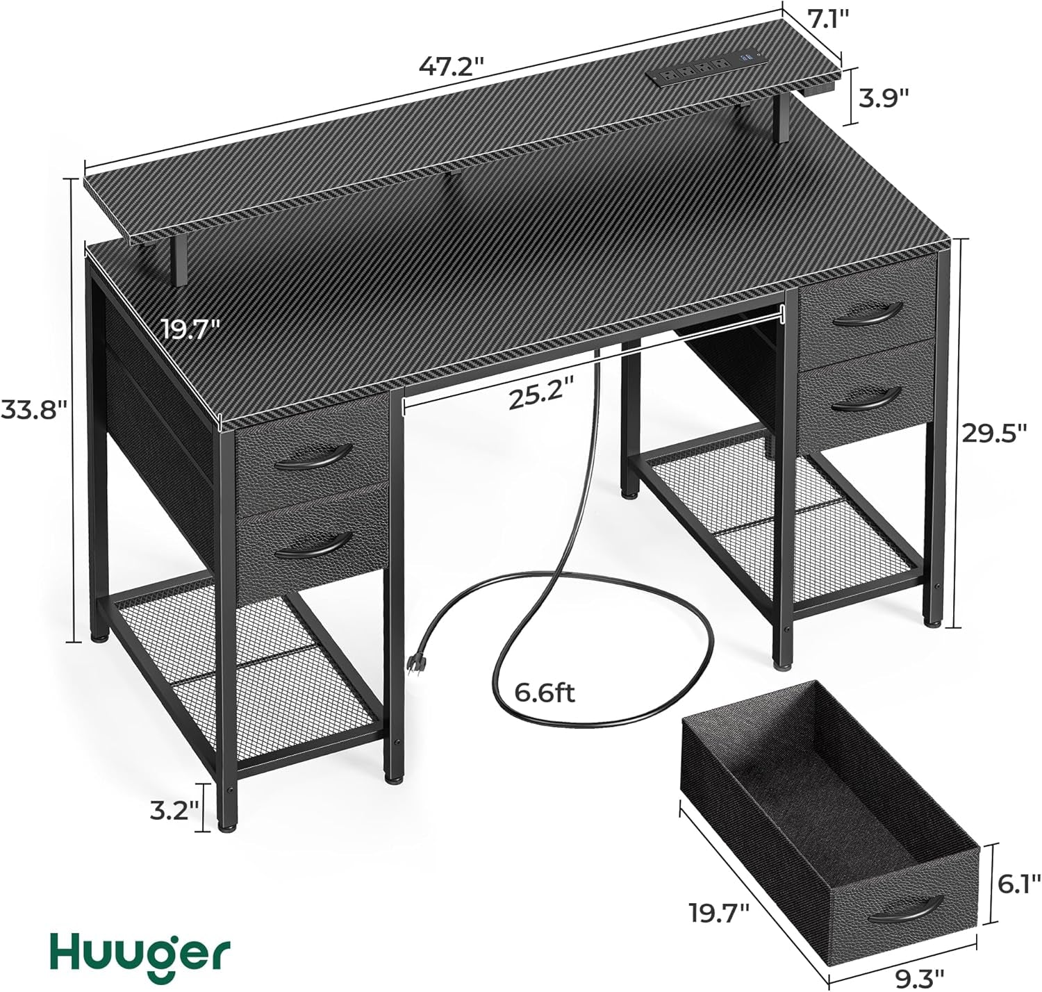 47-Inch Carbon Fibre Black Computer Desk with 4 Drawers, LED Lighting, and Power Outlets - Ideal for Home Office and Gaming with Ample Storage Space