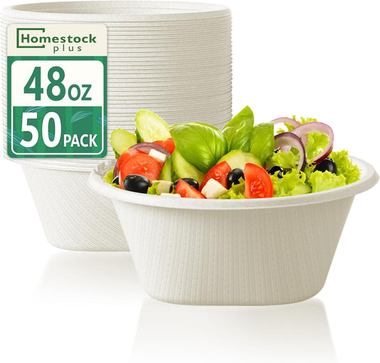 48 Oz Bowls Disposable - Heavy Duty Compostable Paper Bowls, Microwave Safe Large Bowls, Ideal for Restaurant Catering, Salads, Buffets & Eco-Friendly Use - 50 Pack [White]