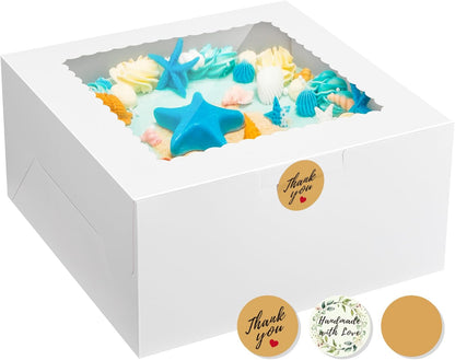 24Pcs Cake Boxes with Window, 10 X 10 X 5 Inches Bakery Boxes Treat Cookie Dessert Boxes Pastry Box for Cake, Chocolate Covered Strawberries, Cupcakes, Donuts, Baked Goods
