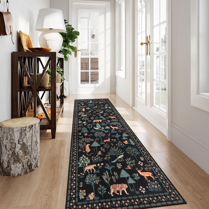 Jungle Kitchen Runner Rug, 2X10 Black Hallway Non Slip Washable Runner Rugs for Entryway, Modern Animal Carpet Non Shedding Mat for Hallway Laundry