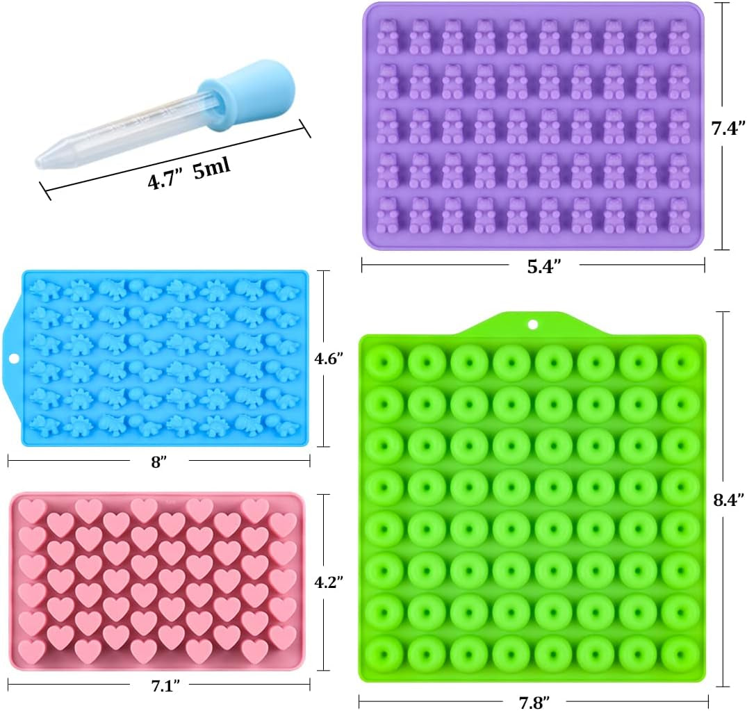 Gummy Molds, Bear Dinosaur Heart Mini Donut Silicone Gummy Molds with 2 Droppers, Pack of 4 Silicone Candy Mold