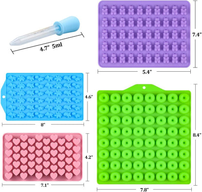 Gummy Molds, Bear Dinosaur Heart Mini Donut Silicone Gummy Molds with 2 Droppers, Pack of 4 Silicone Candy Mold