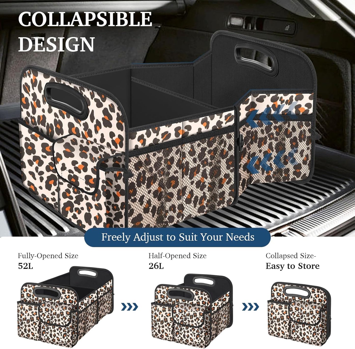 Car Trunk Organizer, Trunk Storage Organizer with Large Capacity Waterproof Collapsible Trunk Organizer for Car Suv/Jeep/Sedan (Leopard Print, Standard)