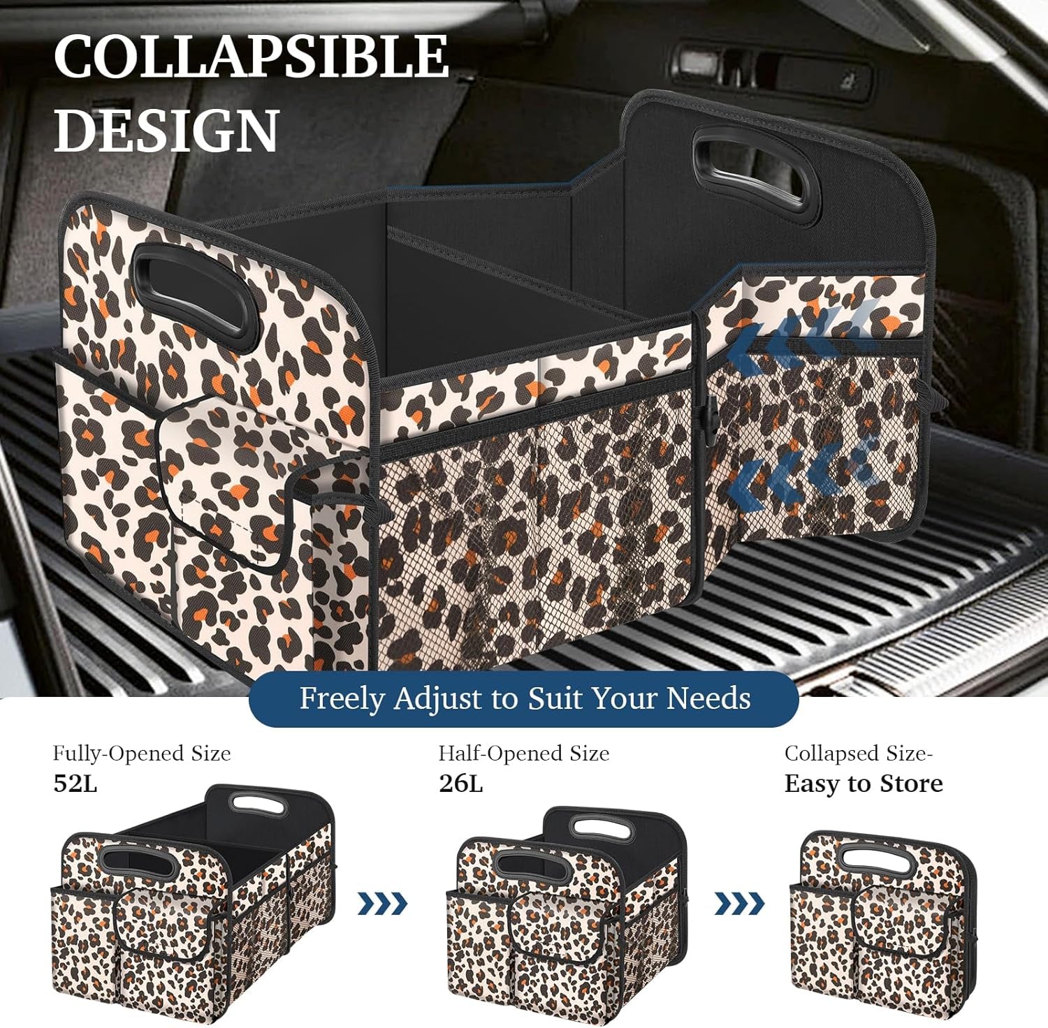 Car Trunk Organizer, Trunk Storage Organizer with Large Capacity Waterproof Collapsible Trunk Organizer for Car Suv/Jeep/Sedan (Leopard Print, Standard)